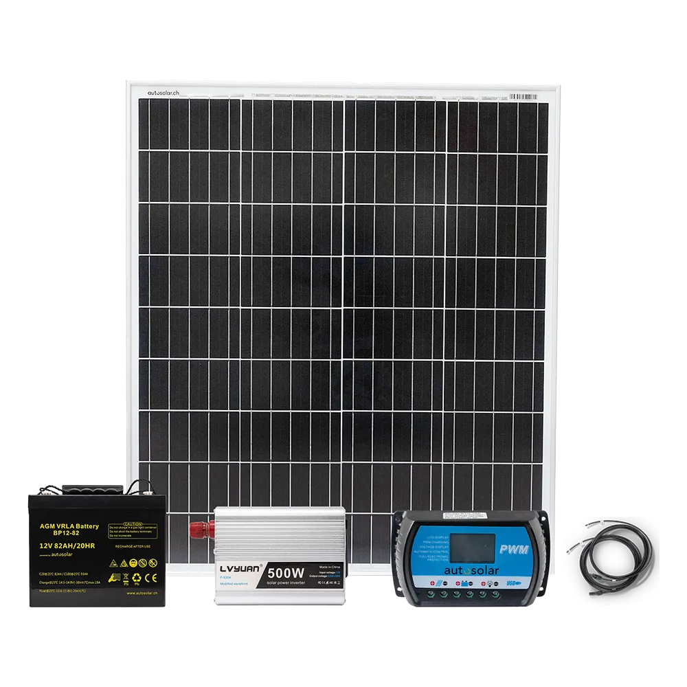 Kit de démarrage pour système solaire&nbsp;: système solaire de 100&nbsp;W, batterie AGM de 82&nbsp;Ah et onduleur de 500&nbsp;W