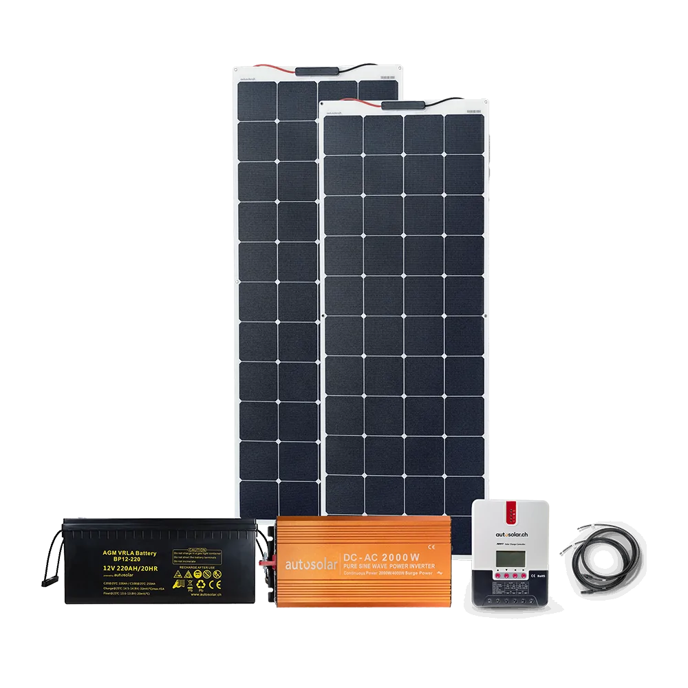 Komplettpaket 330W flexibel mit Batterie 220Ah und 2000W-Wechselrichter Komplettpaket 330W flexibel mit Batterie 220Ah und 2000W-Wechselrichter