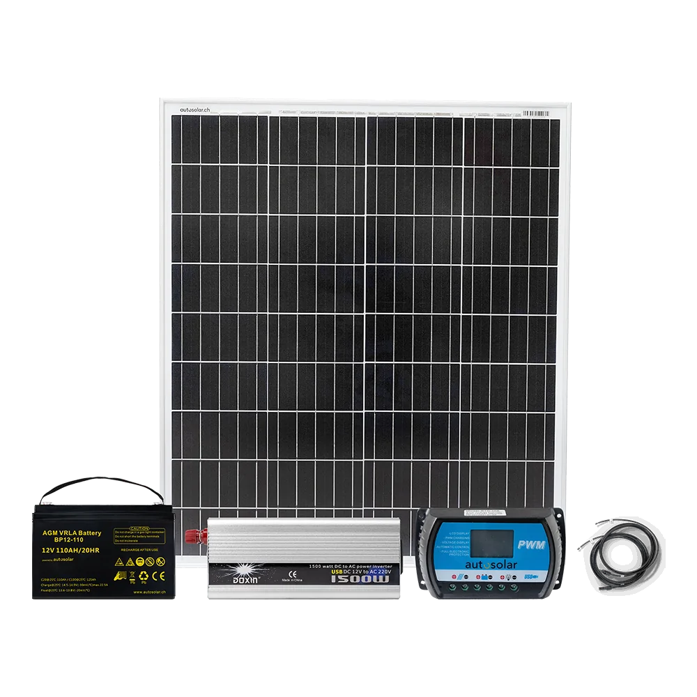 Système solaire avec démarreur de 100 W, batterie AGM de 110 Ah et onduleur de 1500 W