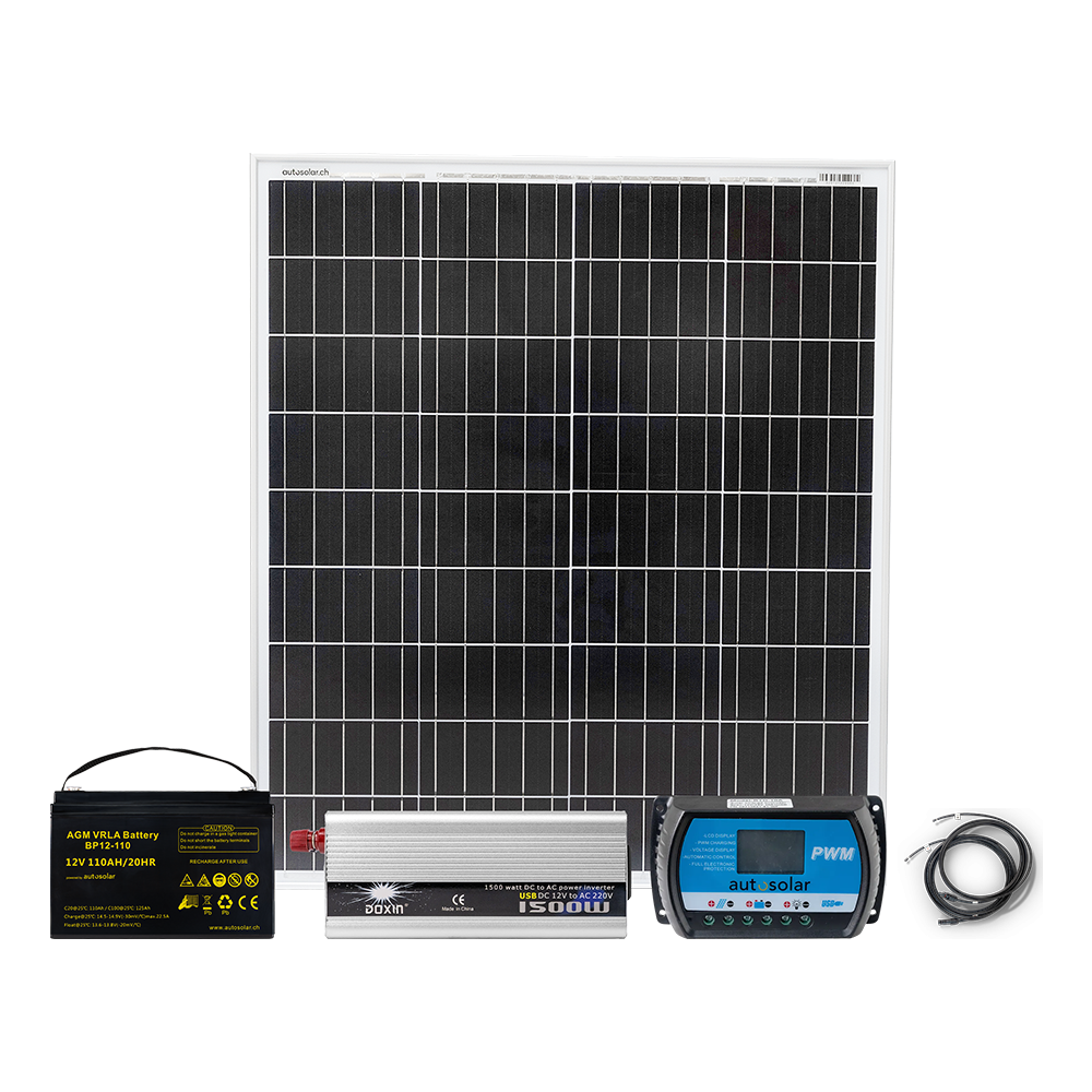 Komplette Solaranlage 100W mit Batterie und 1500W Wechselrichter für 230V im Wohnmobil oder Garten