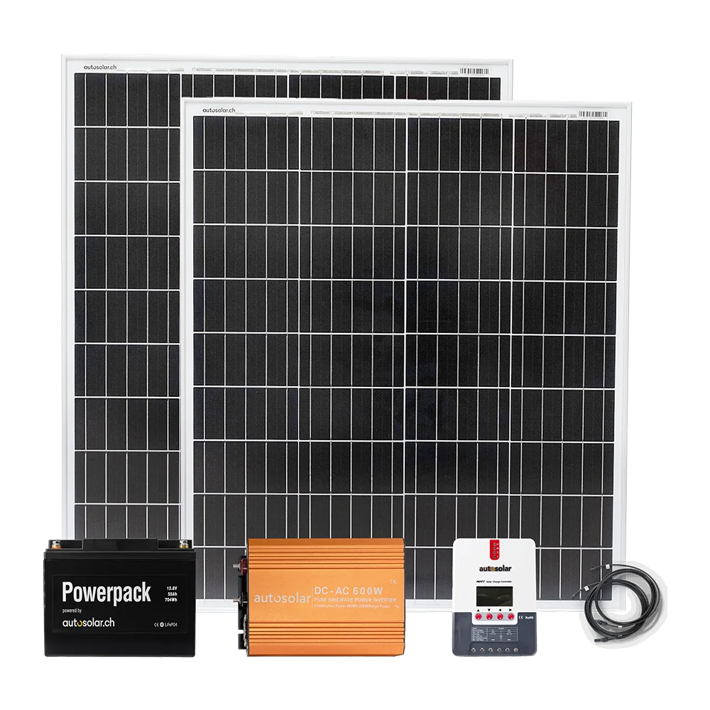 Solaranalage 200W mit Lithiumbatterie, Wechselrichter & Laderegler Solaranalage 200W mit Lithiumbatterie, Wechselrichter & Laderegler