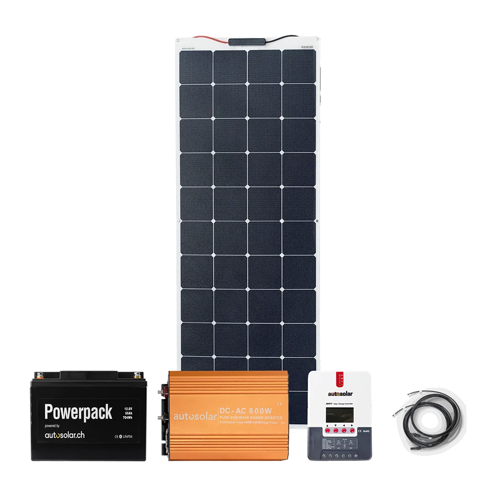 Solaranlage 160W flexibel mit Lithiumbatterie 55Ah & 600W-Wechselrichter Solaranlage 160W flexibel mit Lithiumbatterie 55Ah & 600W-Wechselrichter