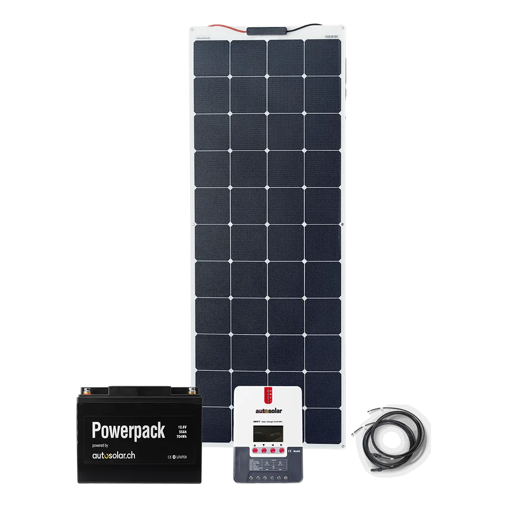 Solaranlage flexibel 160 Watt, 55Ah Lithiumbatterie und Laderegler Solaranlage flexibel 160 Watt, 55Ah Lithiumbatterie und Laderegler