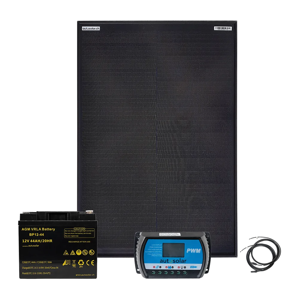 Solaranlage 50W mit 10A PWM Laderegler und 44Ah AGM-Batterie Solaranlage 50W mit 10A PWM Laderegler und 44Ah AGM-Batterie