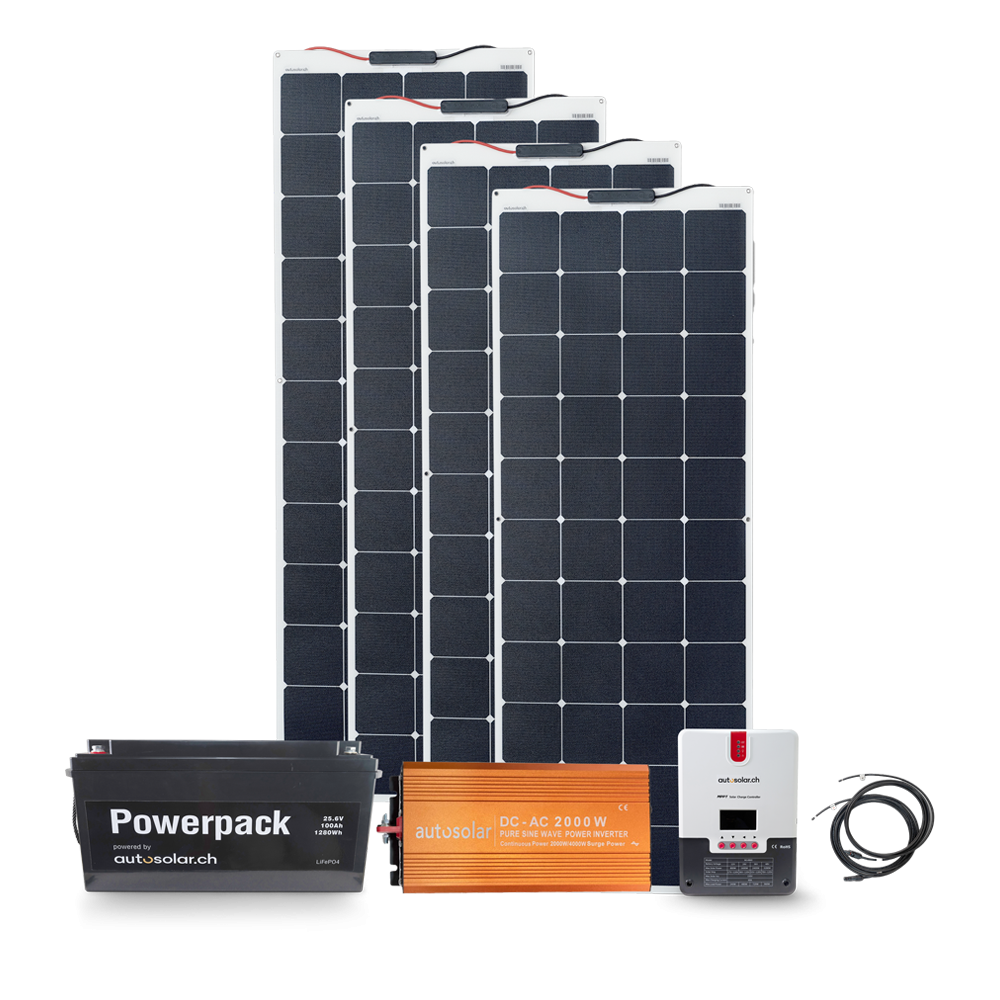 Solaranlage 640W 24V, flexibles Komplettpaket für Klimaanlage-PREMIUM- Inselanlage mit Lithiumbatterie