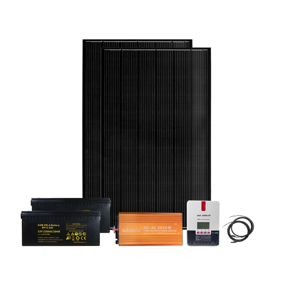 Komplettpaket 2 x 335W mit Batterie 2 x 220Ah und 2000W-Wechselrichter Gartenhaus Komplettpaket 2 x 335W mit Batterie 2 x 220Ah und 2000W-Wechselrichter Gartenhaus