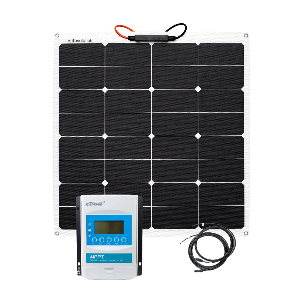 Solarset 50 Watt flexibel - für Gartenhaus, Alphütte, Schiff oder Camper