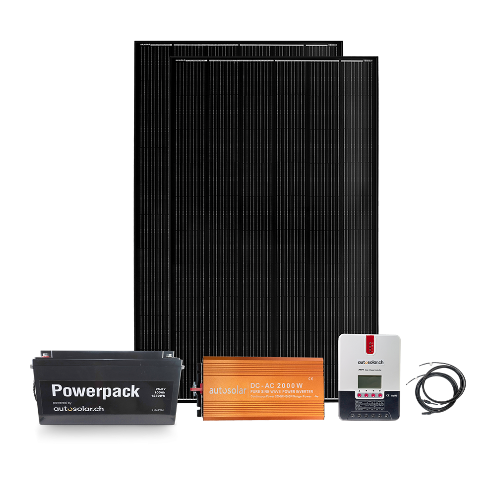 Komplettpaket 670W Solaranlage mit Lithiumbatterie 100Ah 24V und 2000W-Wechselrichter - für Gartenhaus oder Ferienhaus