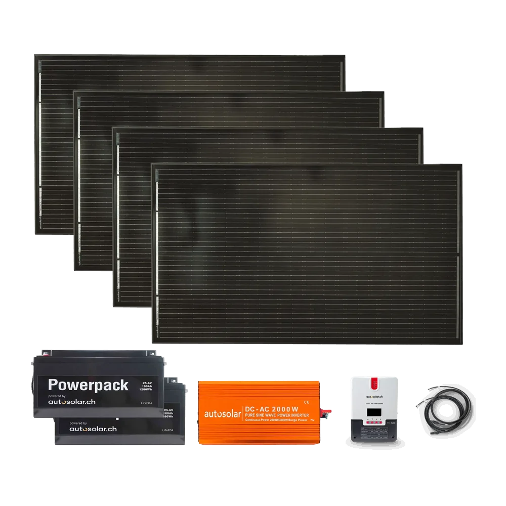 Système solaire de 1340 W avec 2 batteries au lithium de 100 Ah et un onduleur de 2000 W