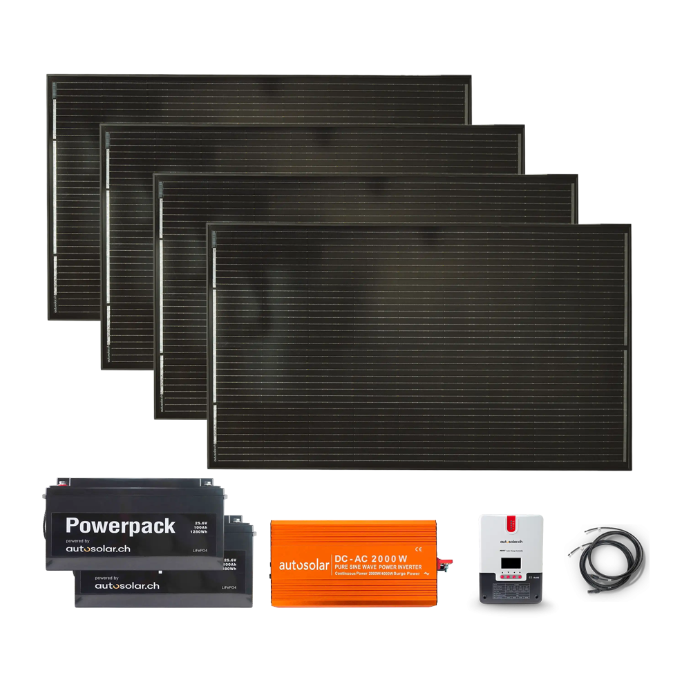 Komplettset 1000W Solaranlage mit 2x100Ah Lithium-Batterien für 230V - PREMIUM -