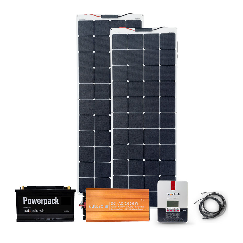 Komplettpaket 330W flexibel mit Lithiumbatterie 105Ah und 2000W-Wechselrichter inkl. Montagematerial