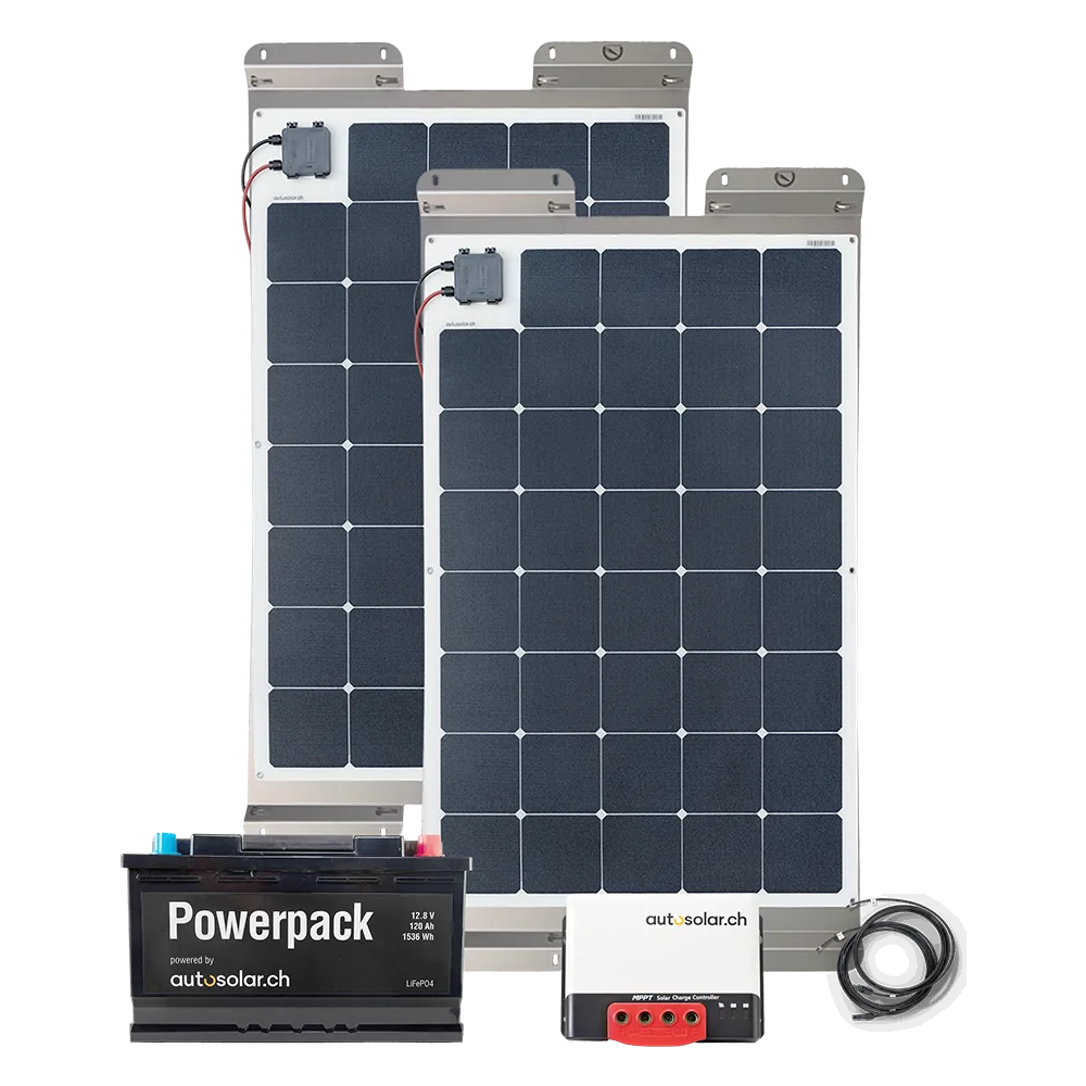 Solarset 165W Flex mit MPPT Laderegler, Wechselrichter und Lithium 55Ah Solarset 165W Flex mit MPPT Laderegler, Wechselrichter und Lithium 55Ah