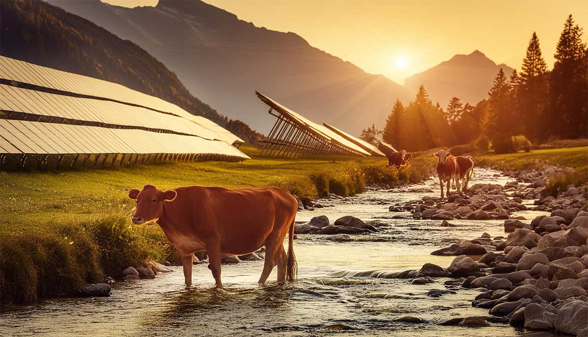 Das Bild zeigt eine idyllische Landschaftsszene bei Sonnenuntergang. Im Vordergrund steht eine Kuh im flachen Wasser eines Flusses, während im Hintergrund weitere Kühe auf der Wiese grasen. Rechts im Bild sieht man eine Reihe von Solarzellen, die entlang des Flusses aufgestellt sind. Die Berge und Bäume im Hintergrund, zusammen mit der warmen Lichtstimmung, verleihen dem Bild eine ruhige und friedliche Atmosphäre.