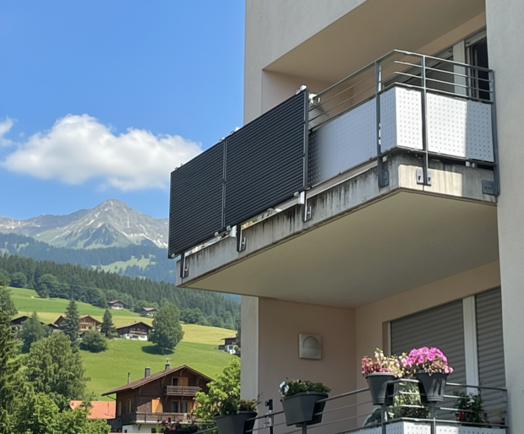 Zwei schwarze Solarmodule, montiert an einem Balkongeländer eines modernen Gebäudes, vor einer malerischen Schweizer Berglandschaft mit grünen Hügeln, traditionellen Häusern und einem Berggipfel unter blauem Himmel.